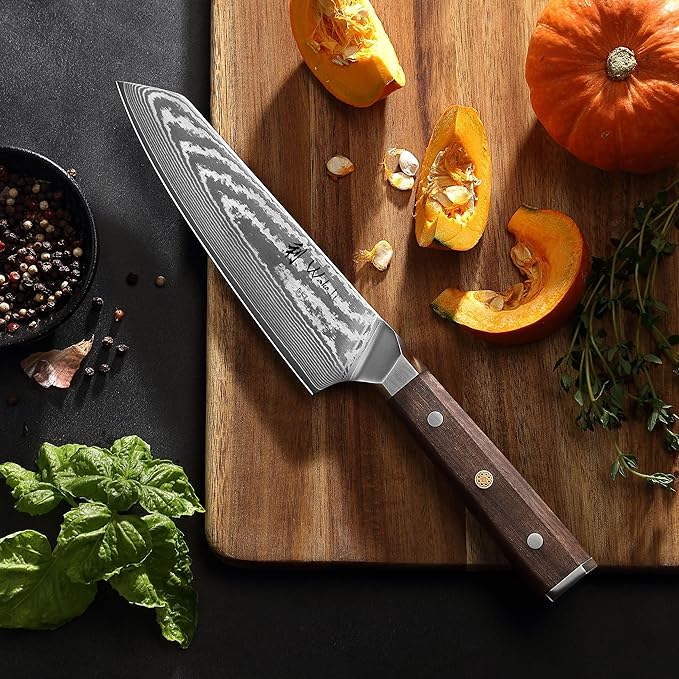 Wakoli HIK Damascus Kiritsuke Knife – Full Tang Chef Knife | 7-Inch Blade Made of 67-Layer Damascus Steel with VG10 Core | Walnut Wood Handle | Sharp, Durable, Gift Box Included