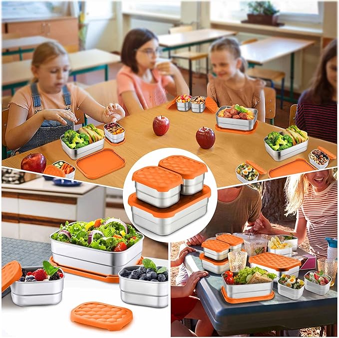 Homikit 3 Pack Kids Lunch Box Set, 18/10 Stainless Steel Bento Boxes with Silicone Lids Leak Proof, 5 Cups Reusable Metal Food Snack Containers for School Daycare, Nontoxic & Dishwasher Safe, Orange