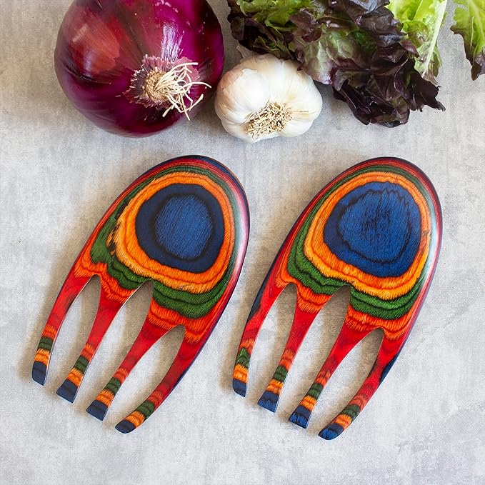 Totally Bamboo Baltique Marrakesh Collection Salad Hands Serving Utensil Set, Colorful Wooden Salad Servers