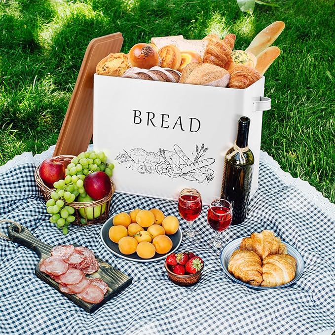 P&P CHEF Bread Box for Kitchen Counter, Metal Bread Storage Bin with Wooden Cutting Lid, Large Capacity for Holding 2+ Loaves, Retro Modern Style, Size 13” x 7.2” x 9.7”, White