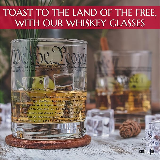 Greenline Goods Whiskey Glasses – United States Constitution We The People (Set of 2) - 10 oz Tumblers - American US Patriotic Gift Set - Old Fashioned Cocktail Glasses