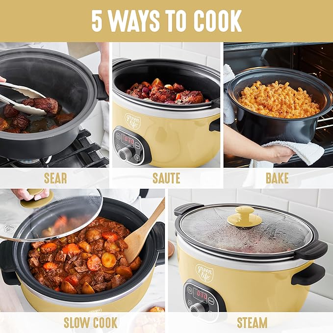 GreenLife 6QT Slow Cooker, Non-Toxic PFAS-Free Ceramic Nonstick Removable Interior Bowl, Programmable, Family Friendly, Keep Warm, Stovetop & Oven Safe, Dishwasher Safe Crock, Timer, Glass Lid, Yellow