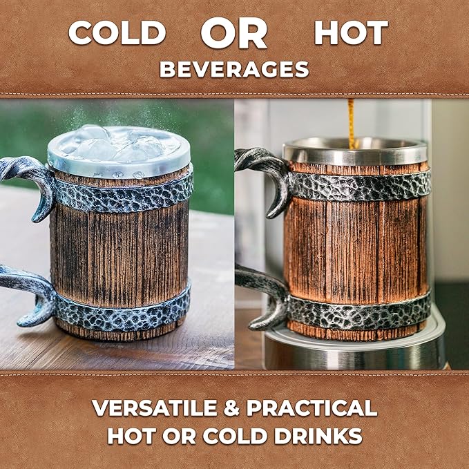 Norse Tradesman Stainless Steel Beer Tankard - 20 oz Tavern Style Mug for Hot or Cold Drinks - Imitation Wood & Iron