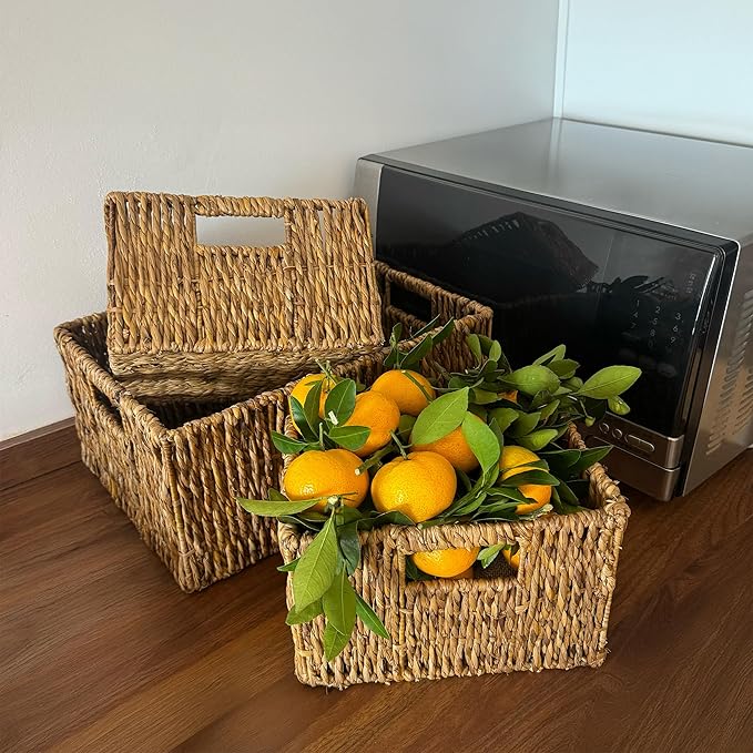 Wicker Basket Set – Stackable Storage Bins for Organizing Pantry & Kitchen – 1 Large Basket + 2 Small Baskets with Handle – Wicker Storage Baskets for Shelves & More