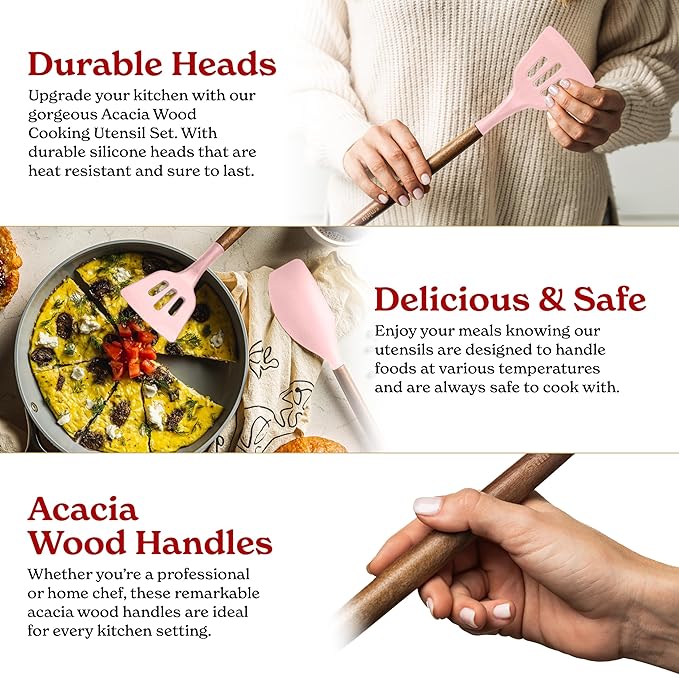 Silicone Kitchen Utensils Set & Holder: Cooking Utensils Set - Kitchen Essentials for New Home & 1st Apartment- Silicone Spatula Set, Cooking Spoons for Nonstick Cookware (Acacia Wood, Pink)