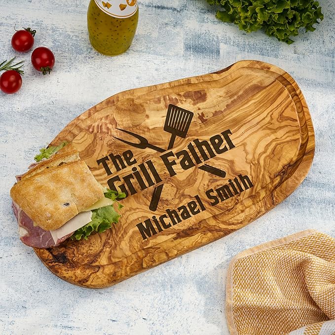 AWESOMETIK Juice Groove Personalized Olive Wood Grill Design Charcuterie Board – Custom Engraved BBQ Gift for Dad & Husband - Handcrafted - Natural - Premium Quality