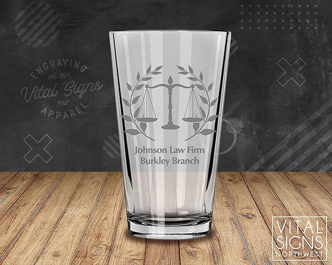 Alterd Industries Lawyer Gifts - Attorney Gift lawyer gifts for Men Court Case women office Pint Beer Whiskey Glasses Decanter Scales of Justice Law Office (Pair of Pint Glasses, Scales of Justice)