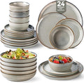 GBHOME 24 Pieces Double Bowls Ceramic Dinnerware Sets for 6, Stoneware Plates and Bowls Set with Reactive Glaze, Scratch Resistant Stoneware Dishes Set, Dishwasher & Microwave Safe