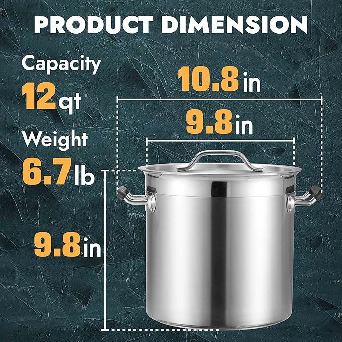 CURTA 12 Quart Large Stock Pot with Lid, NSF Listed, 3-Ply 18/8 Stainless Steel Cooking Pot, Commercial Cookware for Soup, Stew & Sauce, Riveted Silicone Handle, Induction Ready