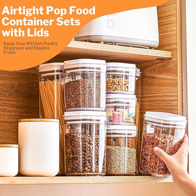 Pop Top Food Storage Container Set | 6Pcs Airtight Cereal Storage Organizer Canisters with Pop Lids, BPA-Free, Vacuum Seal & One-button Opening, Stackable Pantry Containers for Dry Food Storage