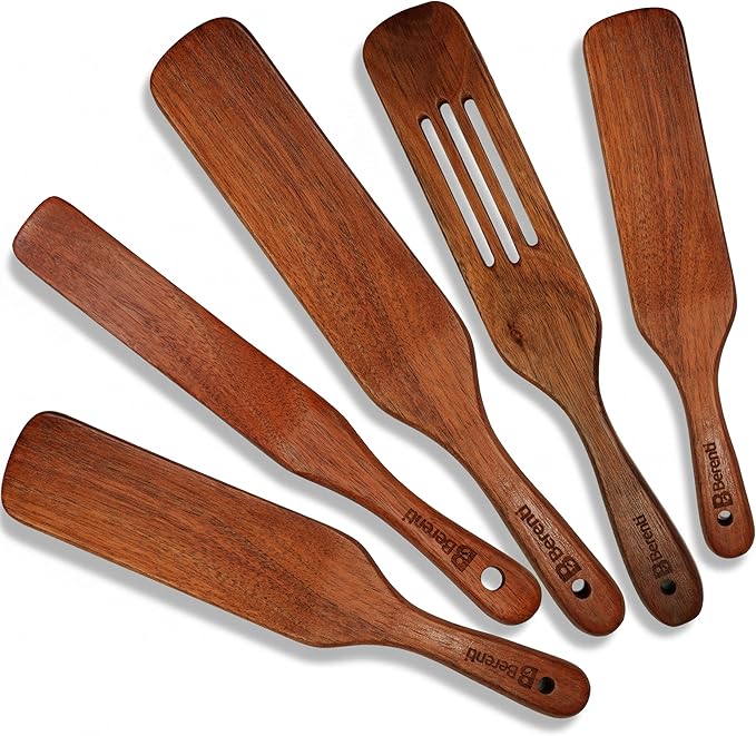Wooden Spurtle Set – 5 Pcs Acacia Spurtle Spatula for Cooking - Natural Surtle Kitchen Tools for Nonstick Cookware, Salad Mixing, Serving & Stirring