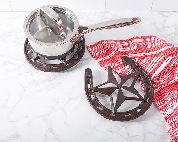 DII Decorative Trivet Set for Pots & Pans Dining Table Hot Pot Holder, Casted Metal, 8x8, Horseshoe & Star, 2 Piece