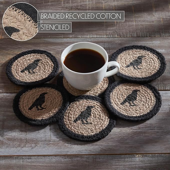 VHC Brands Raven Harvest Stencil Braided Cotton Coaster Set of 6, Decorative Fall Coasters, Table Decor for Fall Thanksgiving and Halloween