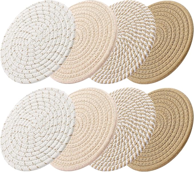 ME.FAN 8 Inch Trivets for Hot Dishs, 8 Set Cotton Thread Weave Trivets for Hot Pans, Potholders, Large Coasters, Hot Pads, Hot Mats to Protect Desktop & Countertop, Kitchen Essentials Coffee