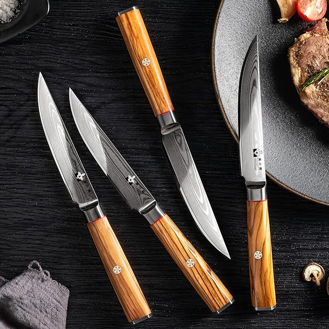 Damascus Steak Knives Set of 4 - Non serrated Steak Knives 5 inch Damascus VG10 Steel 67-Layer - Natural Olive Wood Handle- Exquisite Box