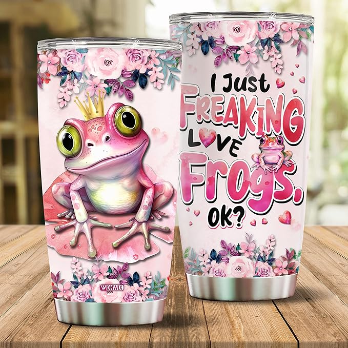 Frog Tumbler 20oz Cute Animal Gift for Women, Girls Who Freaking Love Frogs Lovers Funny Crown Perfect Birthday Christmas Valentine Wife Daughter Insulated Stainless Steel Coffee Cup with Lid