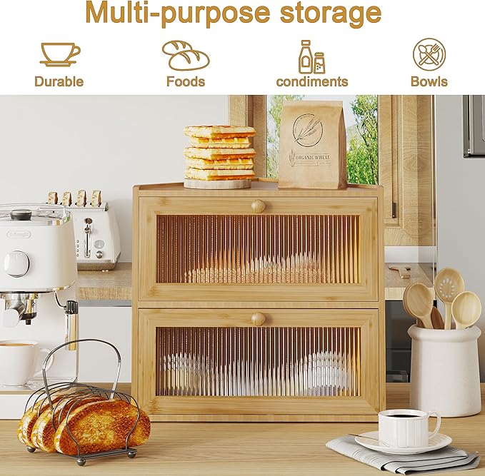 BAMBANG Corner Bread Box for Kitchen Countertop, Double Layer Bamboo Bread Storage Container with Wavy Windows, Farmhouse Large Bread Bin, Wooden Breadbox Holder for Homemade Bread, Natural