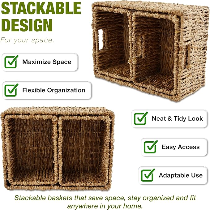 Wicker Basket Set – Stackable Storage Bins for Organizing Pantry & Kitchen – 1 Large Basket + 2 Small Baskets with Handle – Wicker Storage Baskets for Shelves & More