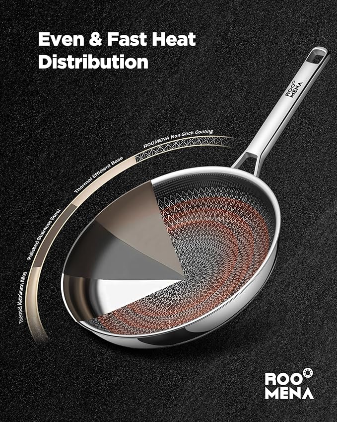 Non Stick Frying Pans Hybrid Ceramic With Lid, 12 Inch Tri-Ply Stainless Steel Skillet, Non-Toxic, PFAS/PFOA/PTFE Free, Metal Utensil Safe, Dishwasher & Oven Safe,Induction Compatible