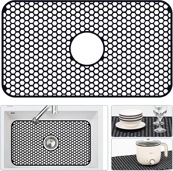 Silicone Sink Protectors for Kitchen Sink with Center Drain, 26"x 14" Kitchen Grid Accessory, Non-Slip Heat-Resistant Mat for Bottom of Farmhouse Porcelain Stainless Steel (Center Hole,Black)