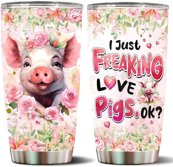 Pig Gifts Tumbler, Gifts For Pig Lovers Women, Girls Freaking Love Pigs Gift Cute Mug Pink Coffee Mugs Cup Funny Birthday Christmas Valentines 20oz Insulated Stainless Steel With Lid
