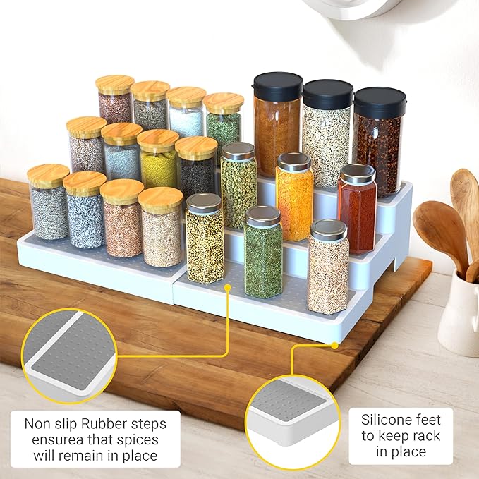 Yan & Hin Pack of 2, 3-Tier Spice Racks, Expandable and Non-Skid, Ideal as Medicine Cabinet Organizers, Kitchen Shelf Pantry Organizer, and Seasoning Organizer, Canned Food Organizer,Species Organizer