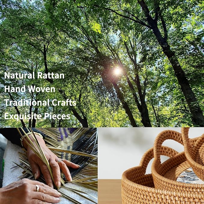 Christmas Gift Set – 3 Handwoven Rattan Trays with Natural Shell Inlay, Boho Decorative Wicker Serving & Coffee Table Trays with Handles for Home Decor, Candles, Snacks & Holiday Entertaining