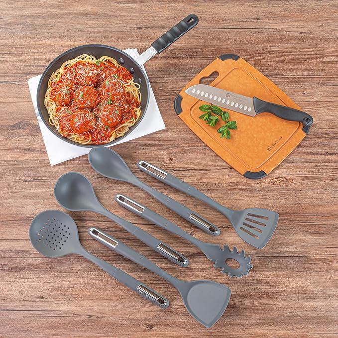 Restaurantware Silicone Utensil Set Pack of 1 Non-Slip Handle 6-Piece Kitchen Tool Set, Heat-Resistant Dishwasher-Friendly Cooking Accessories, Durable Gray Cooking Utensils