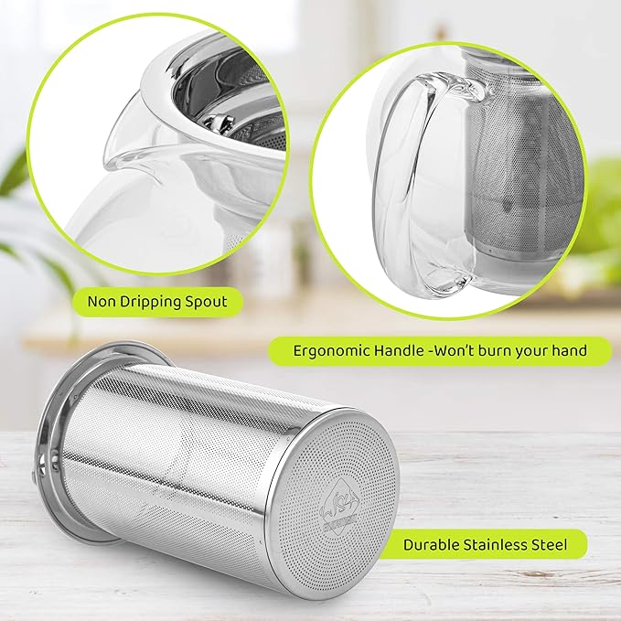 LHS Glass Teapot with Stainless Steel Infuser, Borosilicate Glass Teapot Kettle for Loose Leaf Tea, Blooming Tea, Cold Brew, 1000ml