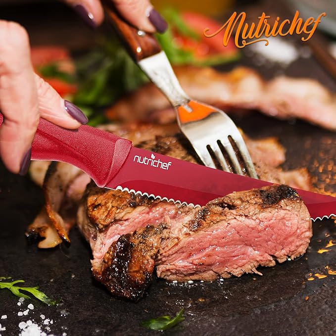 NutriChef SereneLife Stainless Steel Knife Set, 8 Pcs. - Non-Stick Coating, Sharp Serrated Blades, Professional Kitchen Set, Rust-Resistant, Dishwasher Safe, Ideal for BBQ & Grilling, Red