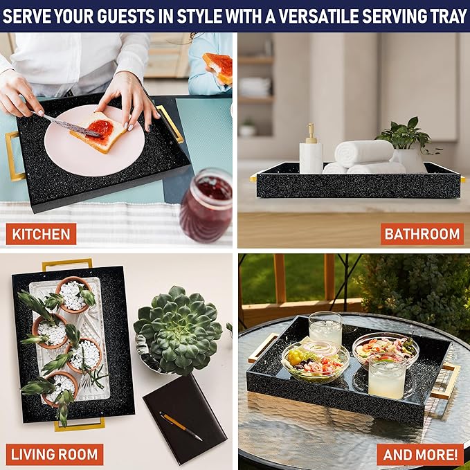 Acrylic Serving Tray with Gold Handles, 16" x 12" Decorative Tray for Coffee Table, Spill-Proof Food and Drink Server. Multipurpose for Ottoman, Kitchen, Vanity, Countertop, Party Use (Black Glitter)