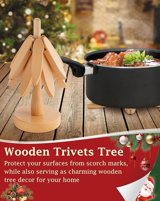 Wooden Trivets Tree for Hot Dishes, Set of 3 Natural Wood Coaster for Hot Pots and Pans, Christmas Kitchen Decor for Family Members, 8" Tree Shape Wooden Hot Pads with Stand, 3PCS Light Wood
