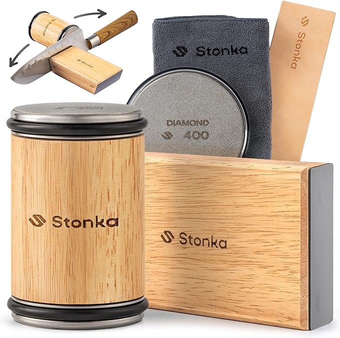 Stonka Oak Rolling Knife Sharpener Kit – Dual-Grit Diamond Wheels Kit (400/1000), Easy to Use Knife Sharpener Roller with Magnetic Holder with 15° & 20°, Leather Strap