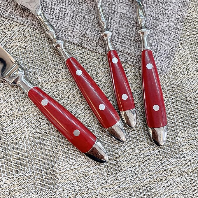 IKXO 16 Pieces Red Gum Wood Handle Silverware Set for 4, Exquisite Ergonomic Flatware Set Food-Grade Stainless Steel Cutlery Set, Tableware Eating Utensils, Mirror Finished, Dishwasher Safe…