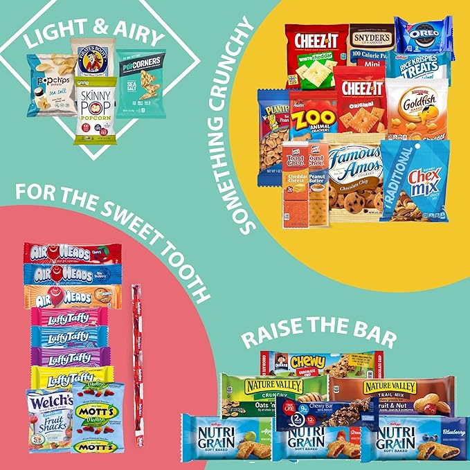 Gift A Snack - Holiday Christmas Stocking Stuffers, Snack Box Variety Pack Care Package + Greeting Card (150 Count) Xmas Birthday Sweet Treats Gift Basket, Candies Chips Crackers Bars