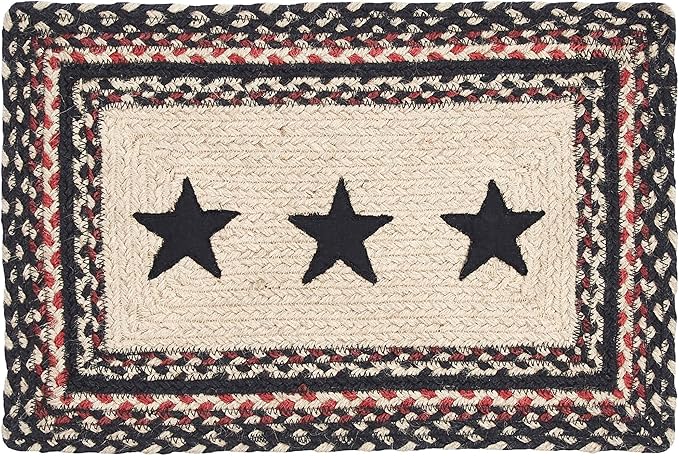 VHC Brands Primitive Colonial Star Table Placemat, Tan Black Red, Jute Blend, Rectangle, 10x15 Inches