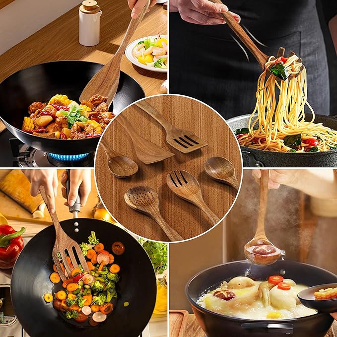 Unokit Cooking Utensils Set for Kitchen - 12 Piece Nonstick Natural Teak Wooden Spoons for Cooking, Comfort Grip Kitchen Utensils Set, Teak Wooden Utensil Set with Holder and Spoon Rest