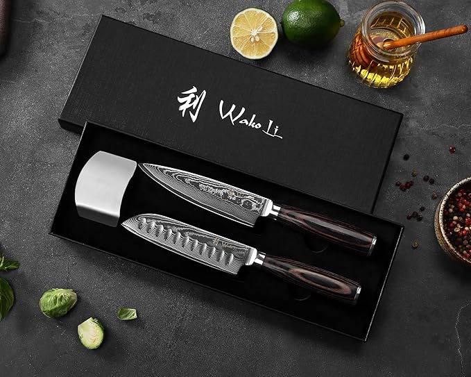 Wakoli EDIB Essentials 2-Piece Damascus Kitchen Knife Set – Chef Knife & Santoku Knife with VG10 Core made of 67-Layer Damascus Steel Blades – Professional Kitchen Knives with Pakkawood Handles