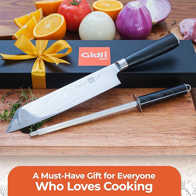 Gidli 8-Inch Chef Knife with Diamond Sharpener – Sharp Kitchen Knife Made of German Carbon Stainless Steel with Ergonomic Wooden Handle for Slicing, Chopping&Dicing of Meat, Seafood -Gift Box Included