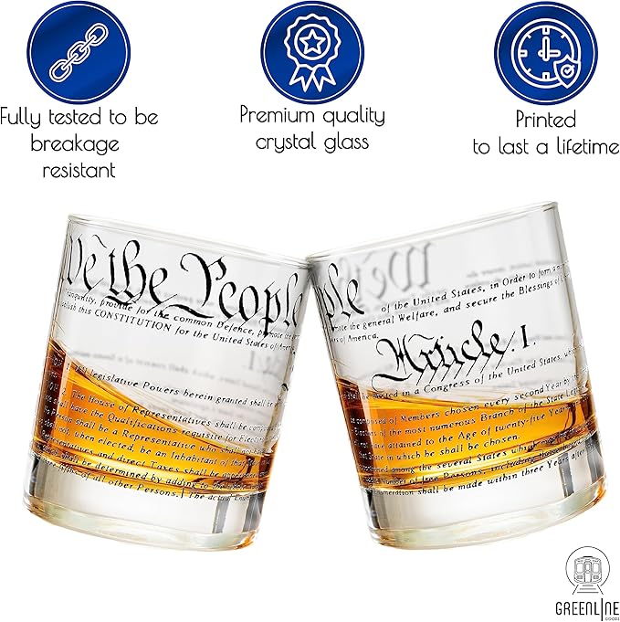 Greenline Goods Whiskey Glasses – United States Constitution We The People (Set of 2) - 10 oz Tumblers - American US Patriotic Gift Set - Old Fashioned Cocktail Glasses