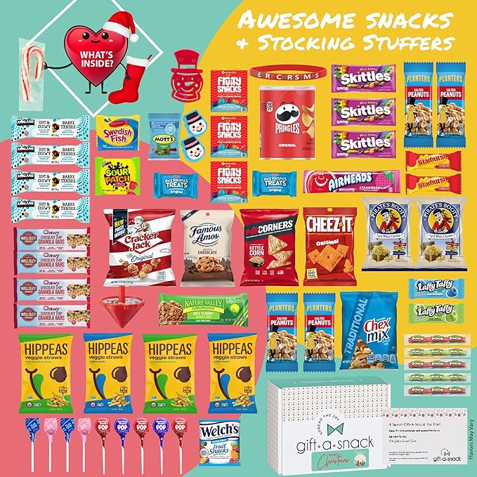 Gift A Snack - Christmas Candy Stocking Stuffers, Pre-filled Holiday Snack Box Care Package + Greeting Card (60 Count) Sweet Treats Gift Basket, Candies Chips Food Assortments & Variety Gifts
