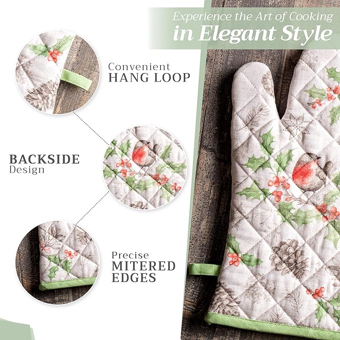 Maison d' Hermine 100% Cotton Oven Mitt & Pot Holder Set (7.5"x13" & 8"x8") Heat Resistant BBQ Cooking Gloves with Loop for Thanksgiving Christmas Decorations Handling Hot Pans (Christmas Dew)