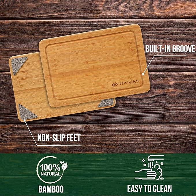 Daniks Bamboo Cutting Board, L 13x9 in, Pre‑Oiled, with Juice Groove – Cutting Board for Kitchen, Meal Prep, Serving & Charcuterie, Heavy-Duty