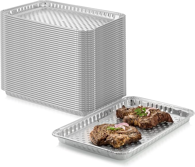 24-Pack Disposable Aluminum Foil BBQ Grill Topper Pan – Prevents Food from Falling into the Grill or Sticking to the Grate – No Clean Up Required – Perfect for Camping and Outdoor Use - 15” x10” x1.5”
