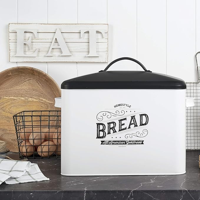 Extra Large White Farmhouse Bread Box for Kitchen Countertop - Breadbox Holder Fits 2+ Loaves - Bread Storage Container Bin - Rustic Bread Keeper Vintage Metal Kitchen Decor for Counter (Black Lid)