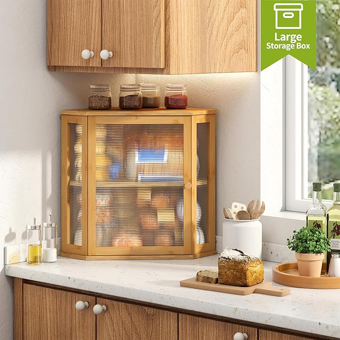 BMOSU Corner Bread Box for Kitchen Countertop Double Layer Bamboo Wooden Bread box Large Capacity Bread Storage Bin(Natural, Extra Large)