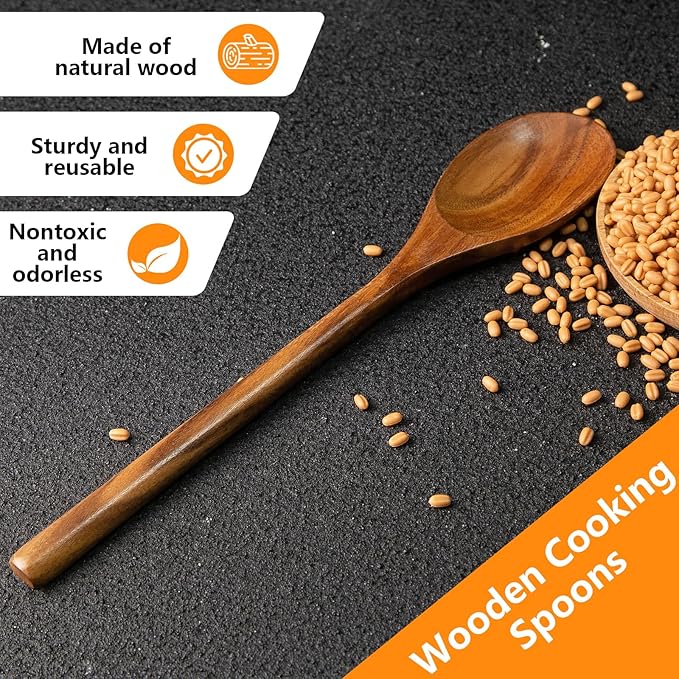 HAKSEN 2PCS Wooden Cooking Spoons, Natural Acacia Wood Kitchen Utensil, 12Inch Large Wooden Mixing Spoons for Nonstick Cookwares, Comfort Grip, Durable, Kitchen Gifts for Women, Cooking Gifts for Men