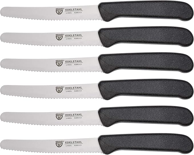 GRÄWE table knives 6 pieces, knife set for cutting, pack of 6 bread knives, breakfast knives with serrated edge on one side, knife 21 cm - Black