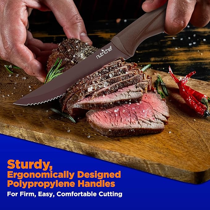 NutriChef SereneLife Stainless Steel Knife Set, 8 Pcs. - Non-Stick Coating, Sharp Serrated Blades, Professional Kitchen Set, Rust-Resistant, Dishwasher Safe, Ideal for BBQ & Grilling, Yellow