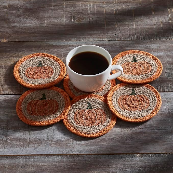 VHC Brands Harvest Blessings Natural Stencil Pumpkin Jute Coaster Set of 6, Decorative Fall Coasters, Table Decor for Fall Thanksgiving and Halloween
